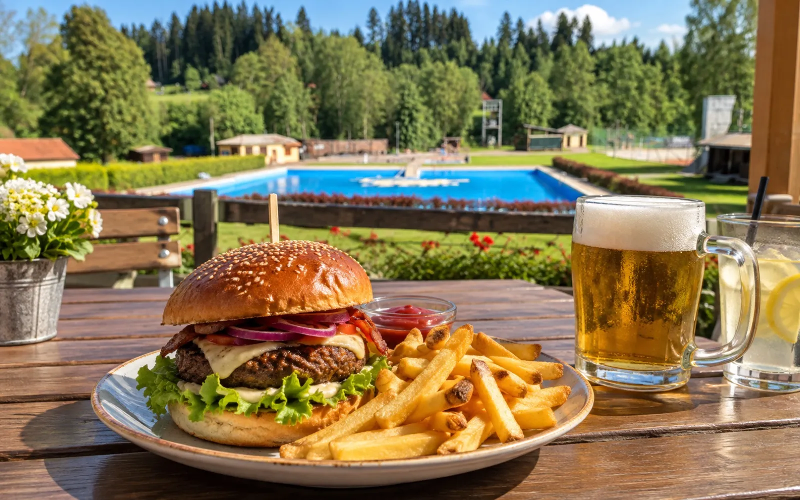 Burger s hranolky a točené pivo na terase s výhledem na koupaliště